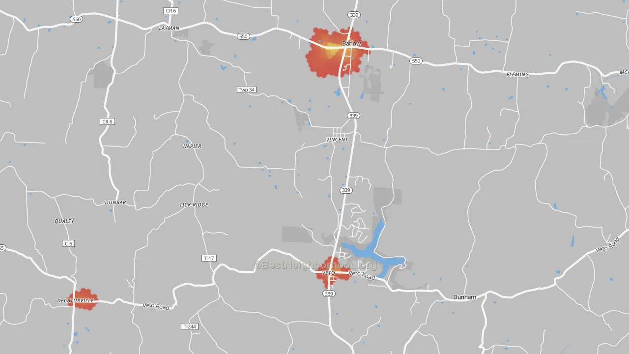 Walk Grade map of Vincent, OH, walkable areas in green and car-dependent areas in red