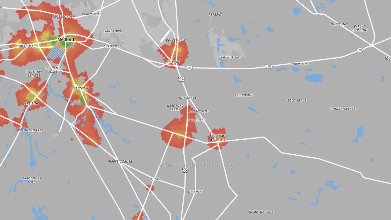 Walk Grade map of Vincentown, NJ, walkable areas in green and car-dependent areas in red