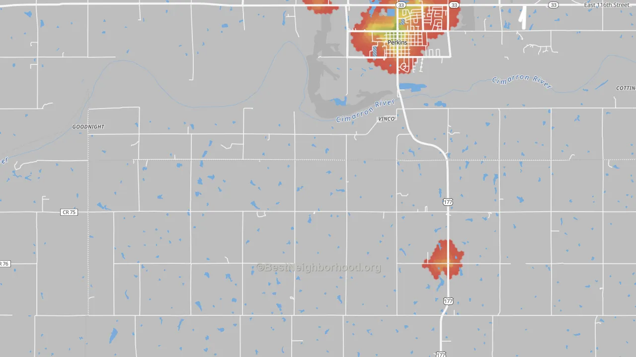Walk Grade map of Vinco, OK, walkable areas in green and car-dependent areas in red