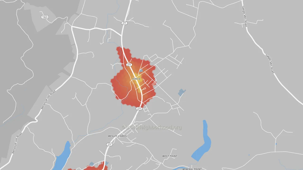 Walk Grade map of Vinco, PA, walkable areas in green and car-dependent areas in red