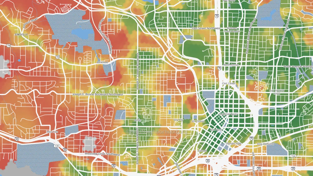 Walk Grade map of Vine City, Atlanta, GA, walkable areas in green and car-dependent areas in red