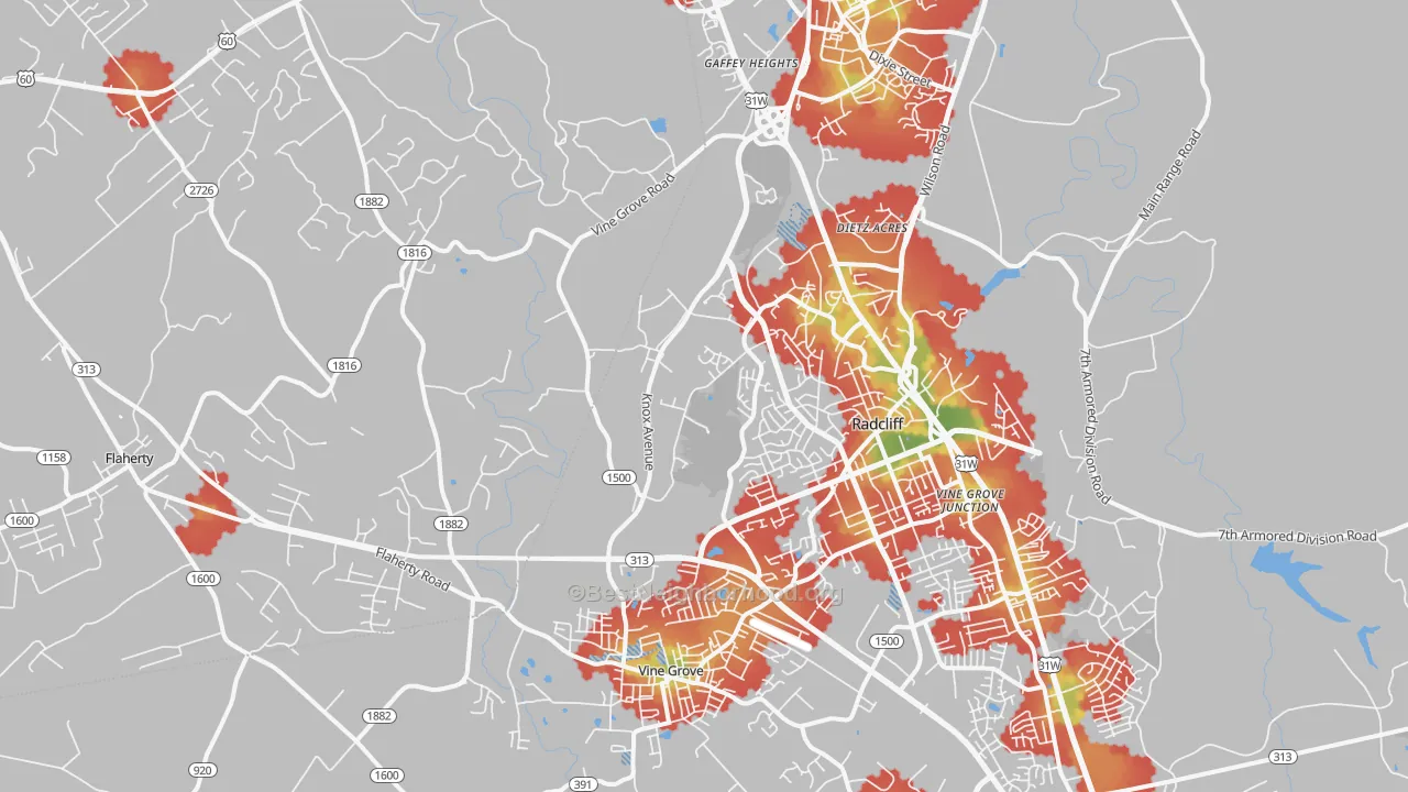 Walk Grade map of Vine Grove Junction, KY, walkable areas in green and car-dependent areas in red