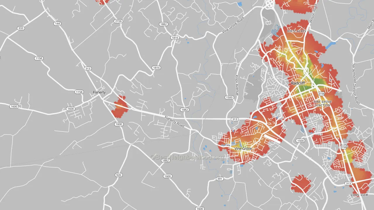 Walk Grade map of Vine Grove, KY, walkable areas in green and car-dependent areas in red