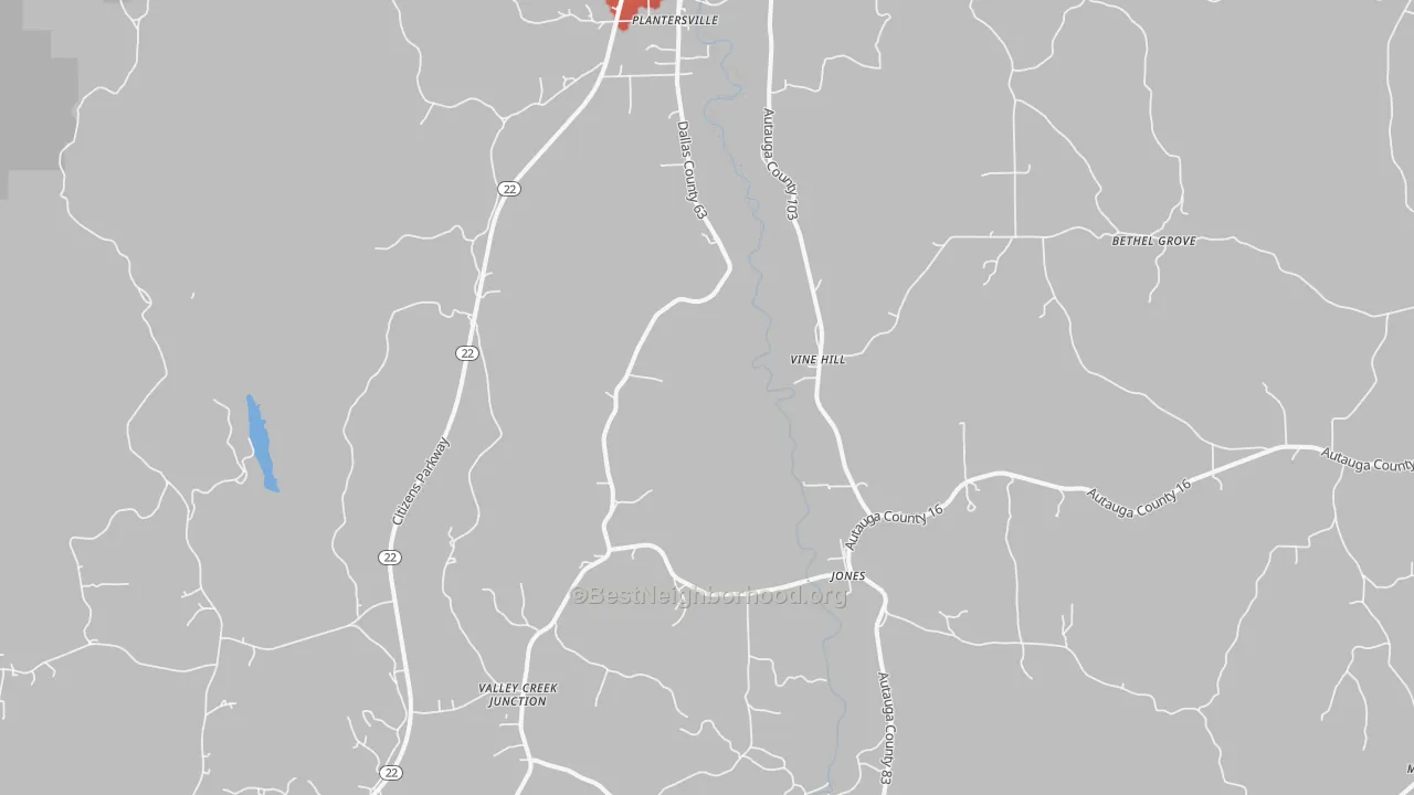 Walk Grade map of Vine Hill, AL, walkable areas in green and car-dependent areas in red