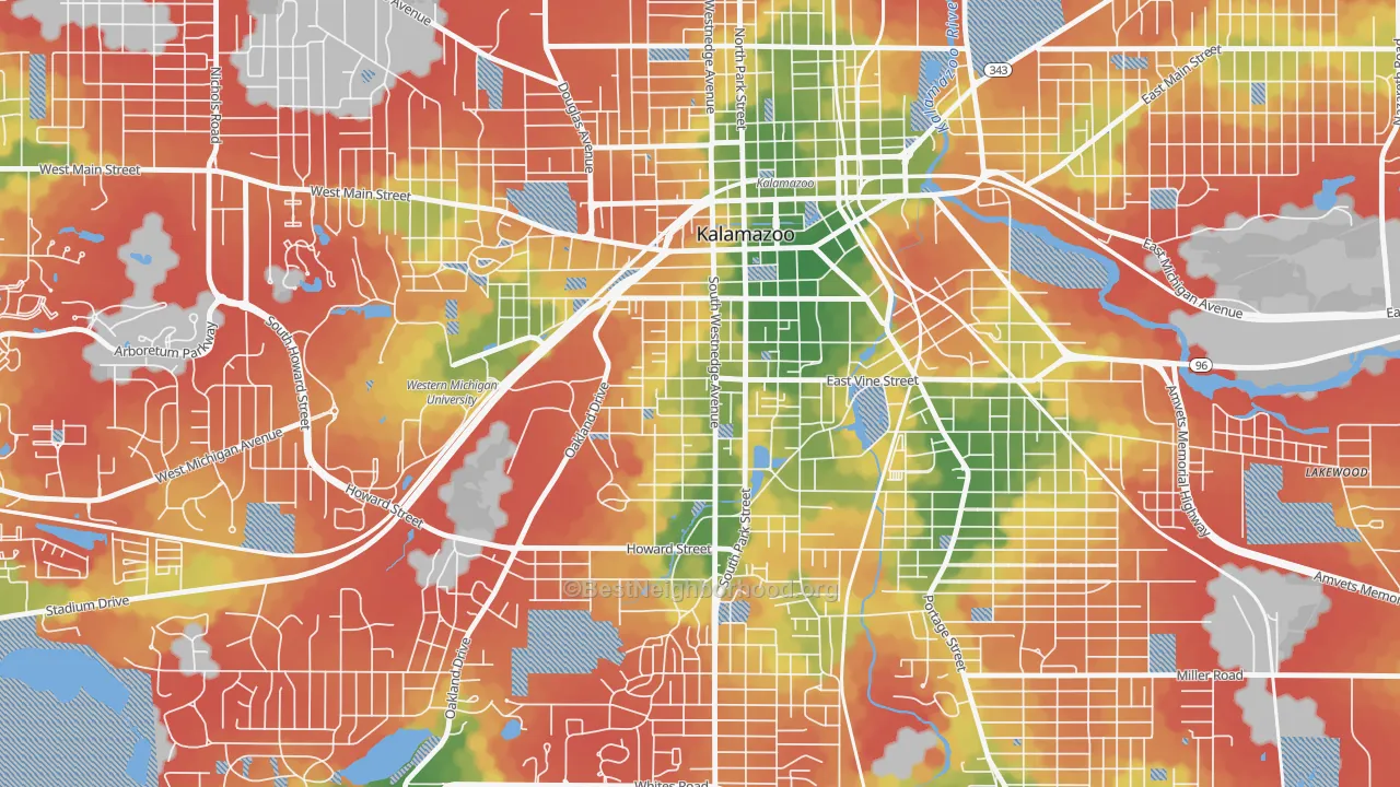 Walk Grade map of Vine, Kalamazoo, MI, walkable areas in green and car-dependent areas in red