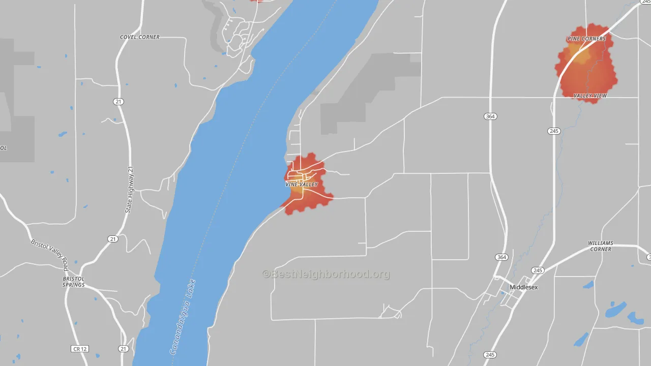 Walk Grade map of Vine Valley, NY, walkable areas in green and car-dependent areas in red