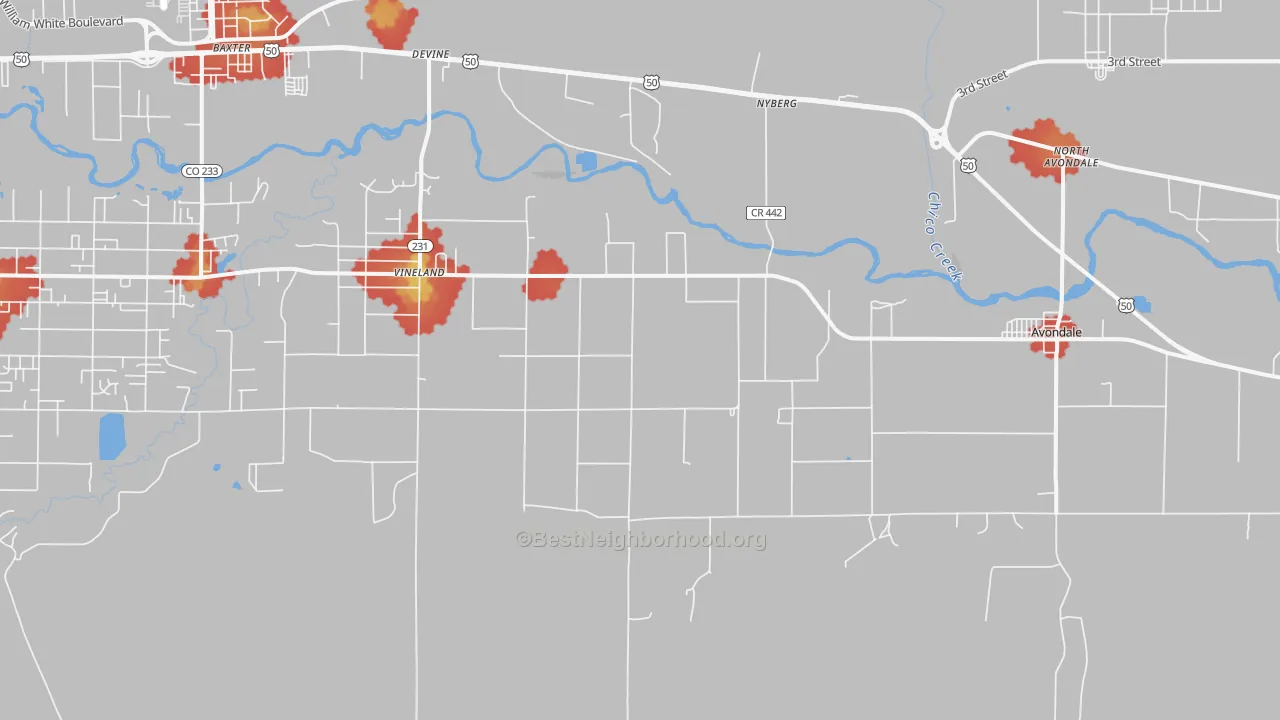 Walk Grade map of Vineland, CO, walkable areas in green and car-dependent areas in red