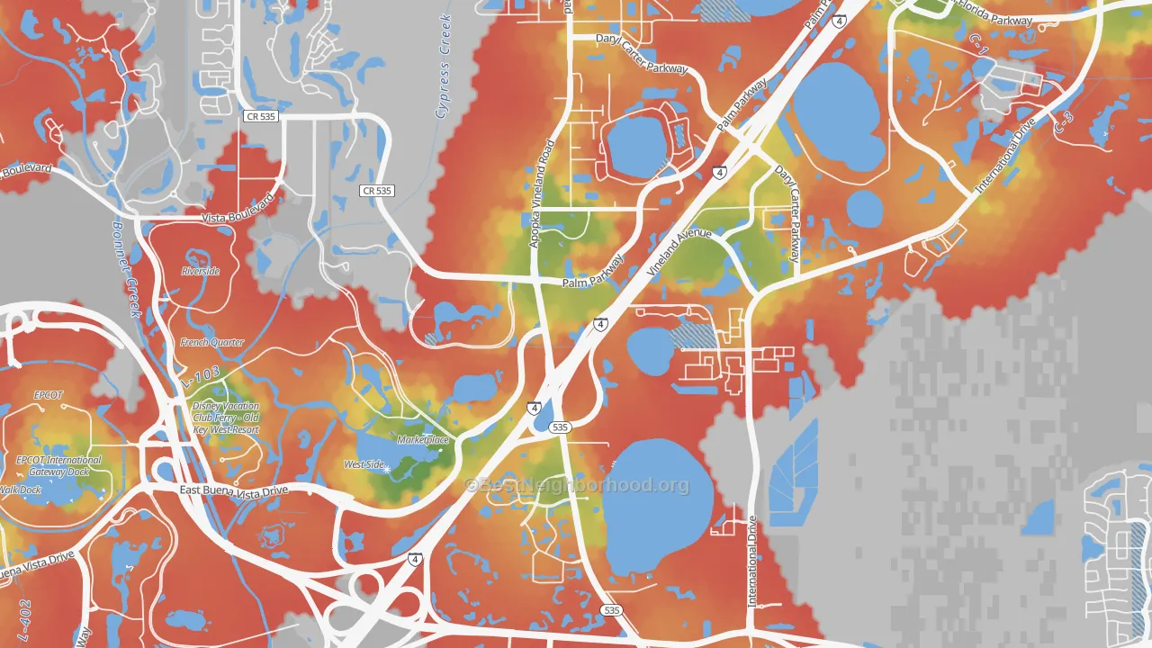 Walk Grade map of Vineland, FL, walkable areas in green and car-dependent areas in red