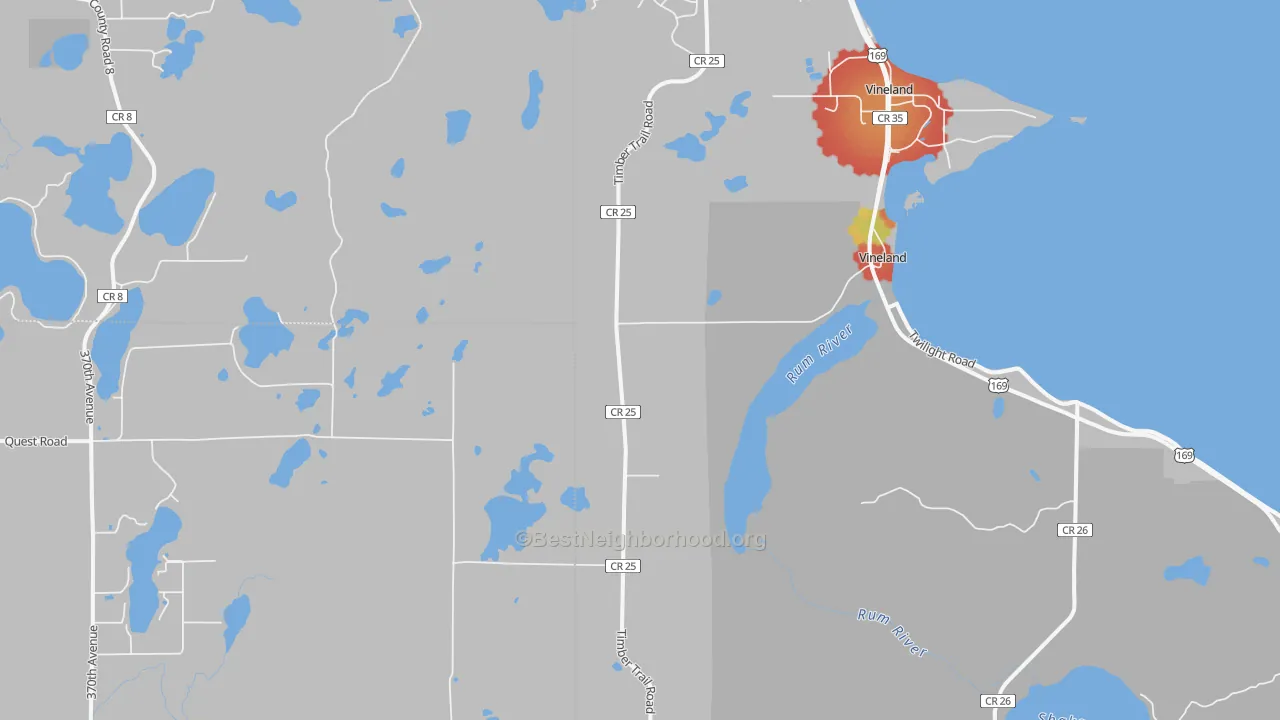Walk Grade map of Vineland, MN, walkable areas in green and car-dependent areas in red