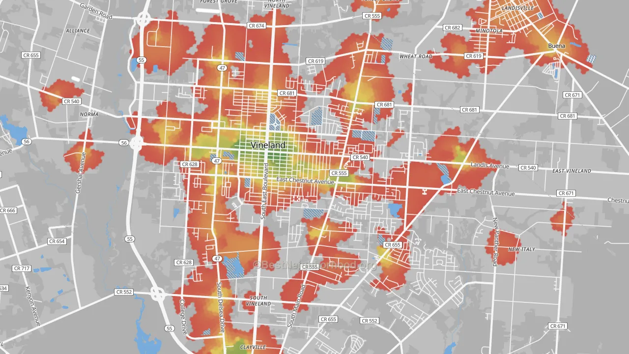 Walk Grade map of Vineland, NJ, walkable areas in green and car-dependent areas in red