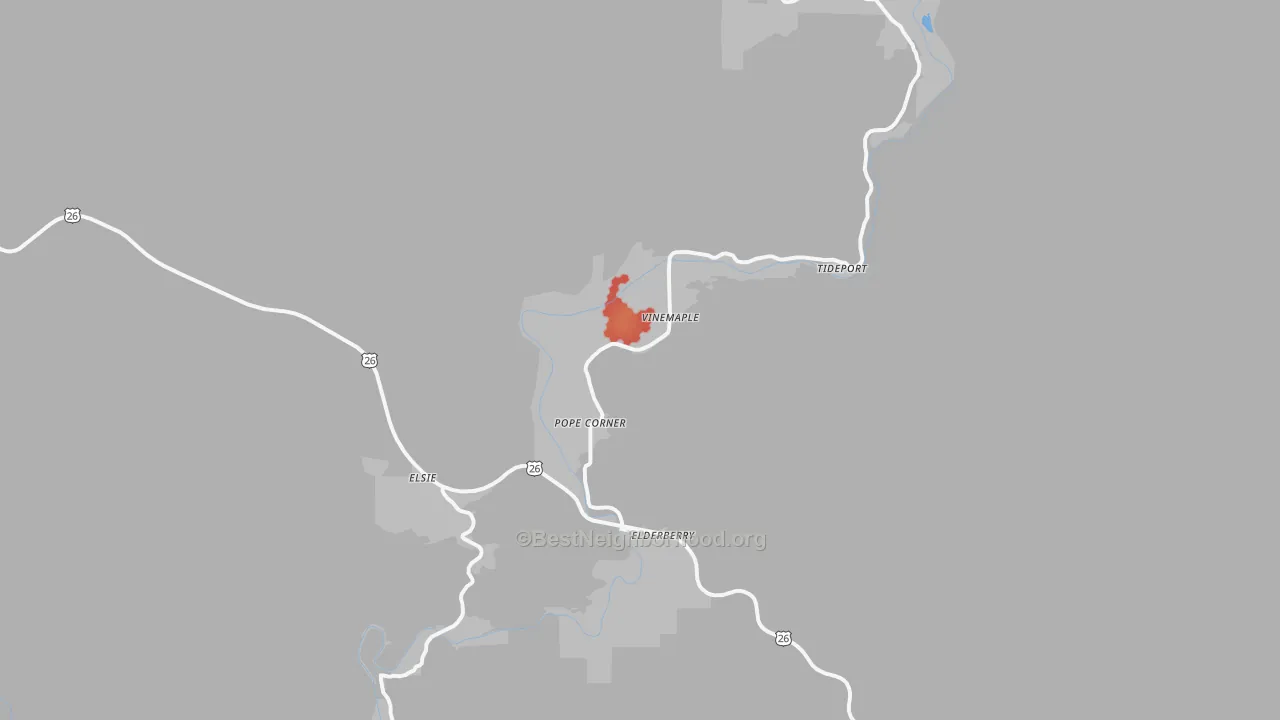 Walk Grade map of Vinemaple, OR, walkable areas in green and car-dependent areas in red