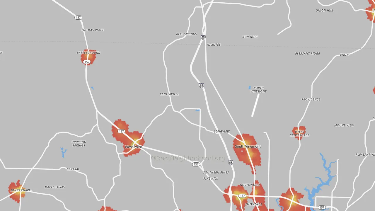 Walk Grade map of Vinemont, AL, walkable areas in green and car-dependent areas in red