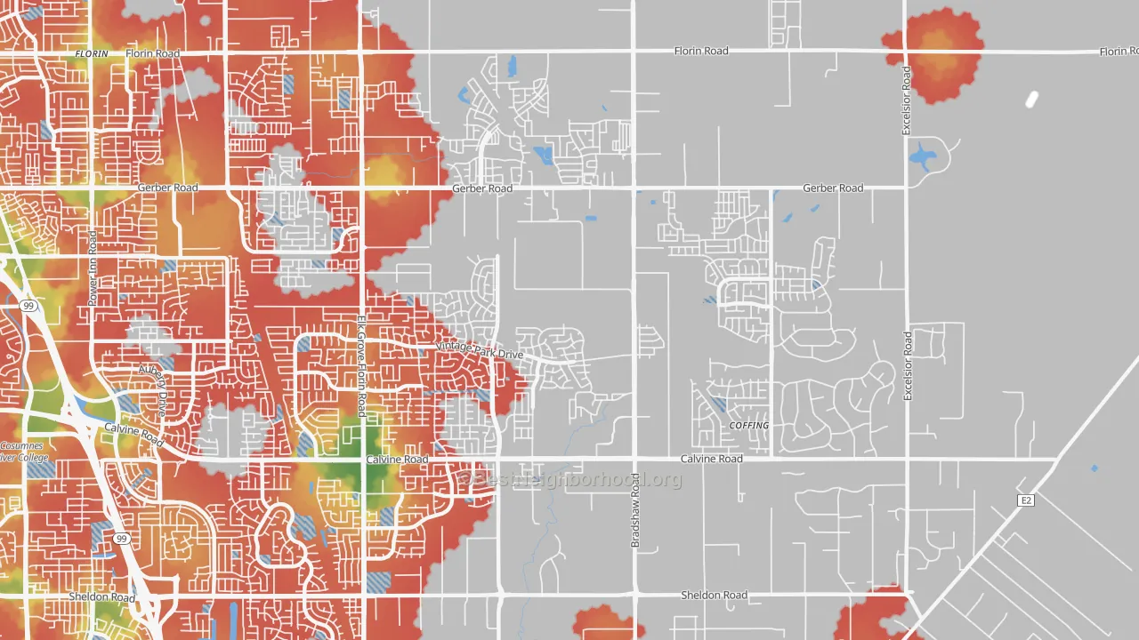 Walk Grade map of Vineyard, CA, walkable areas in green and car-dependent areas in red