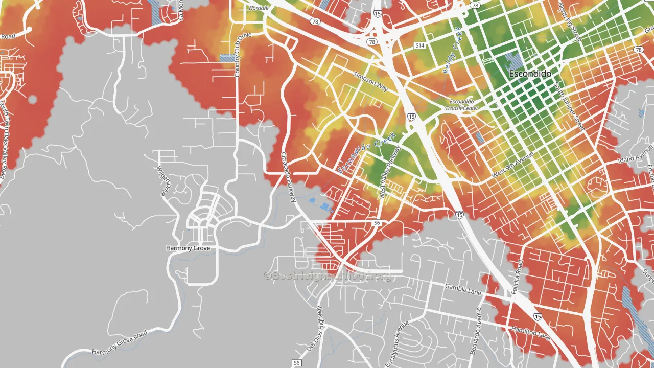 Walk Grade map of Vineyard, Escondido, CA, walkable areas in green and car-dependent areas in red
