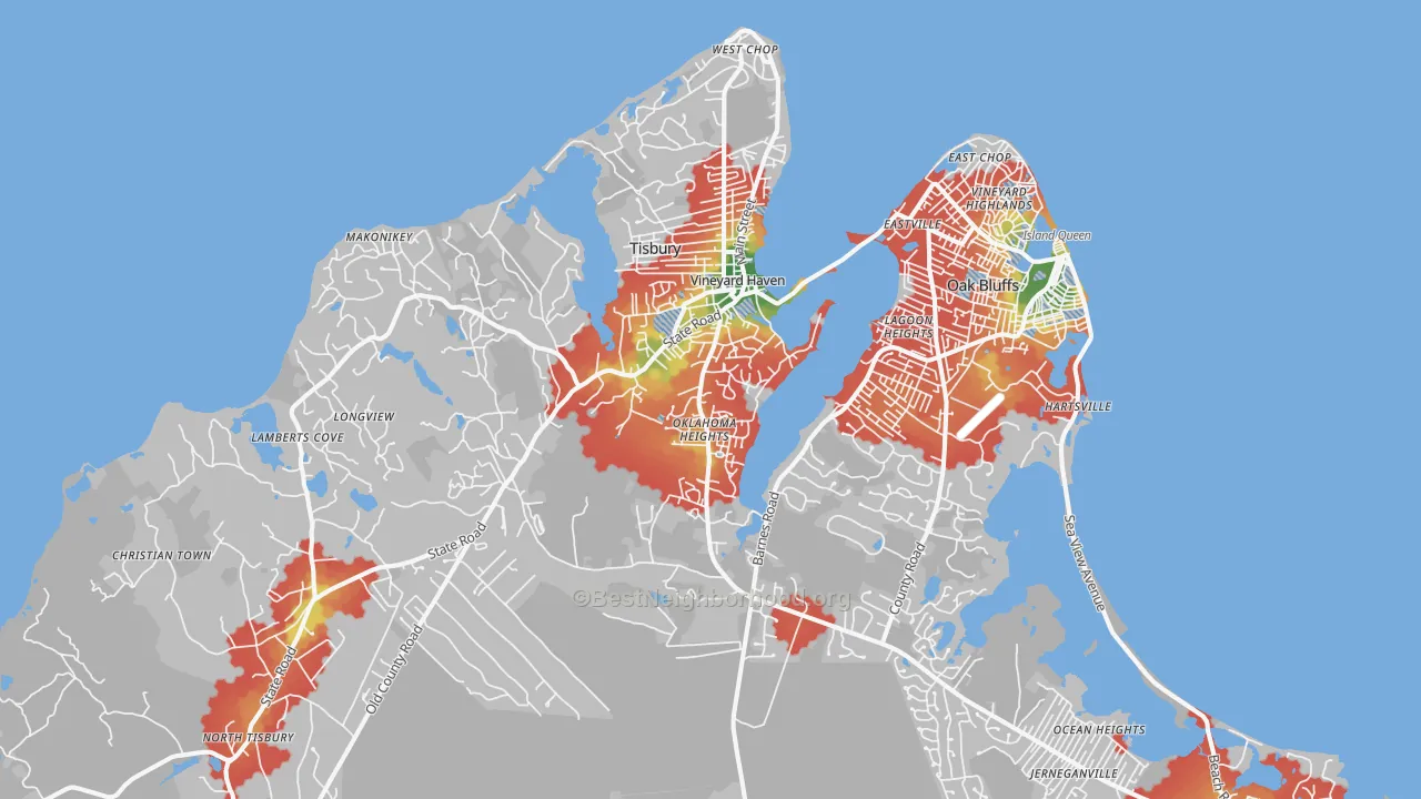 Walk Grade map of Vineyard Haven, MA, walkable areas in green and car-dependent areas in red