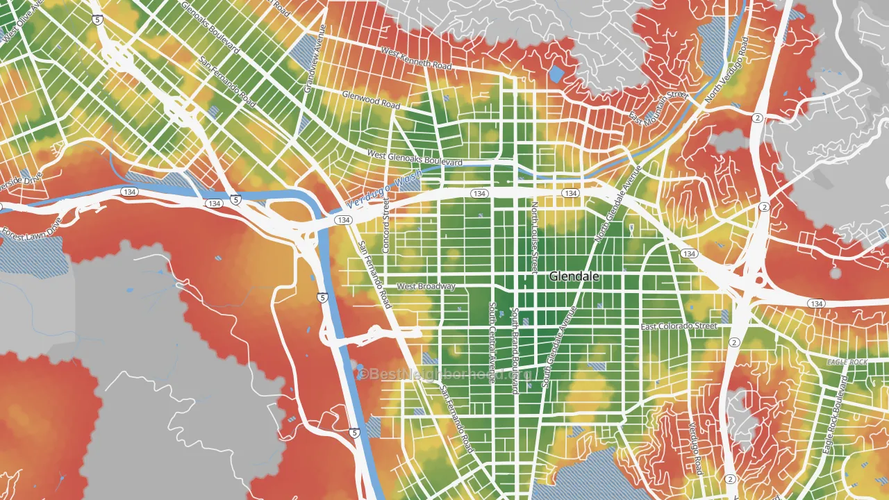 Walk Grade map of Vineyard-Los Angeles, Glendale, CA, walkable areas in green and car-dependent areas in red
