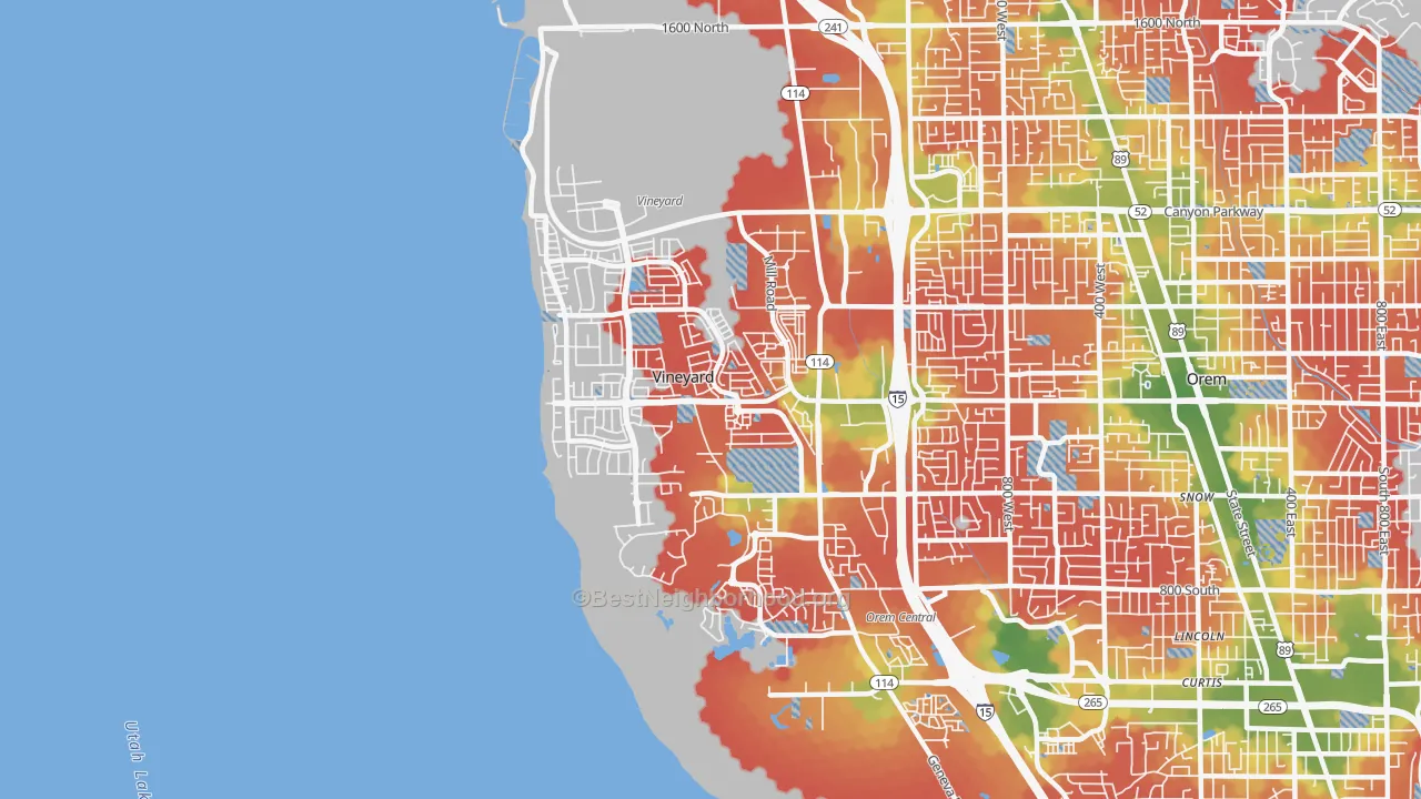 Walk Grade map of Vineyard, UT, walkable areas in green and car-dependent areas in red