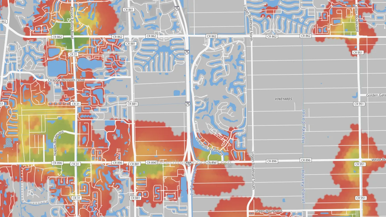 Walk Grade map of Vineyards, Naples, FL, walkable areas in green and car-dependent areas in red