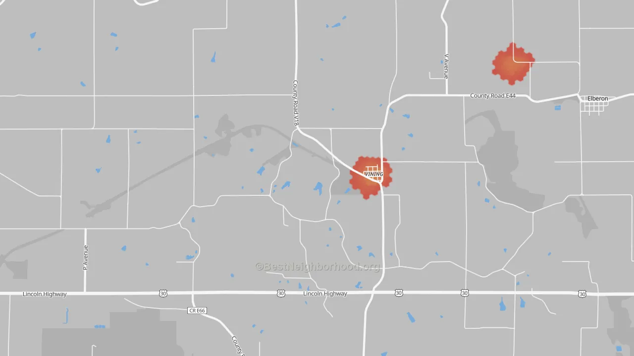Walk Grade map of Vining, IA, walkable areas in green and car-dependent areas in red