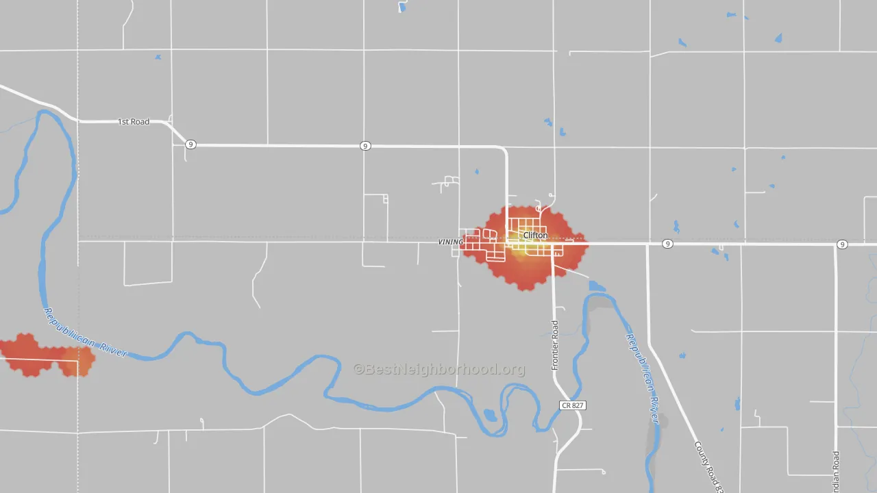 Walk Grade map of Vining, KS, walkable areas in green and car-dependent areas in red