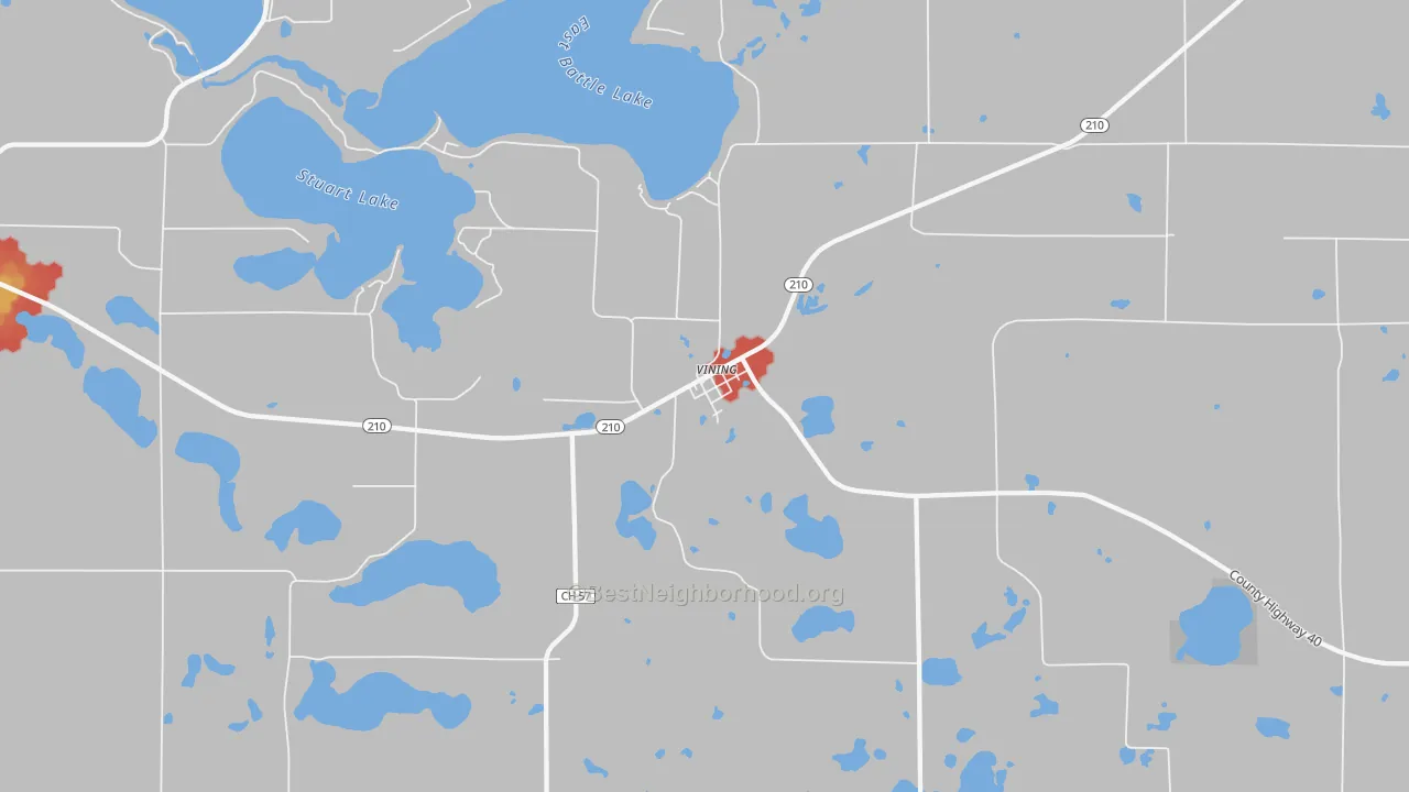 Walk Grade map of Vining, MN, walkable areas in green and car-dependent areas in red