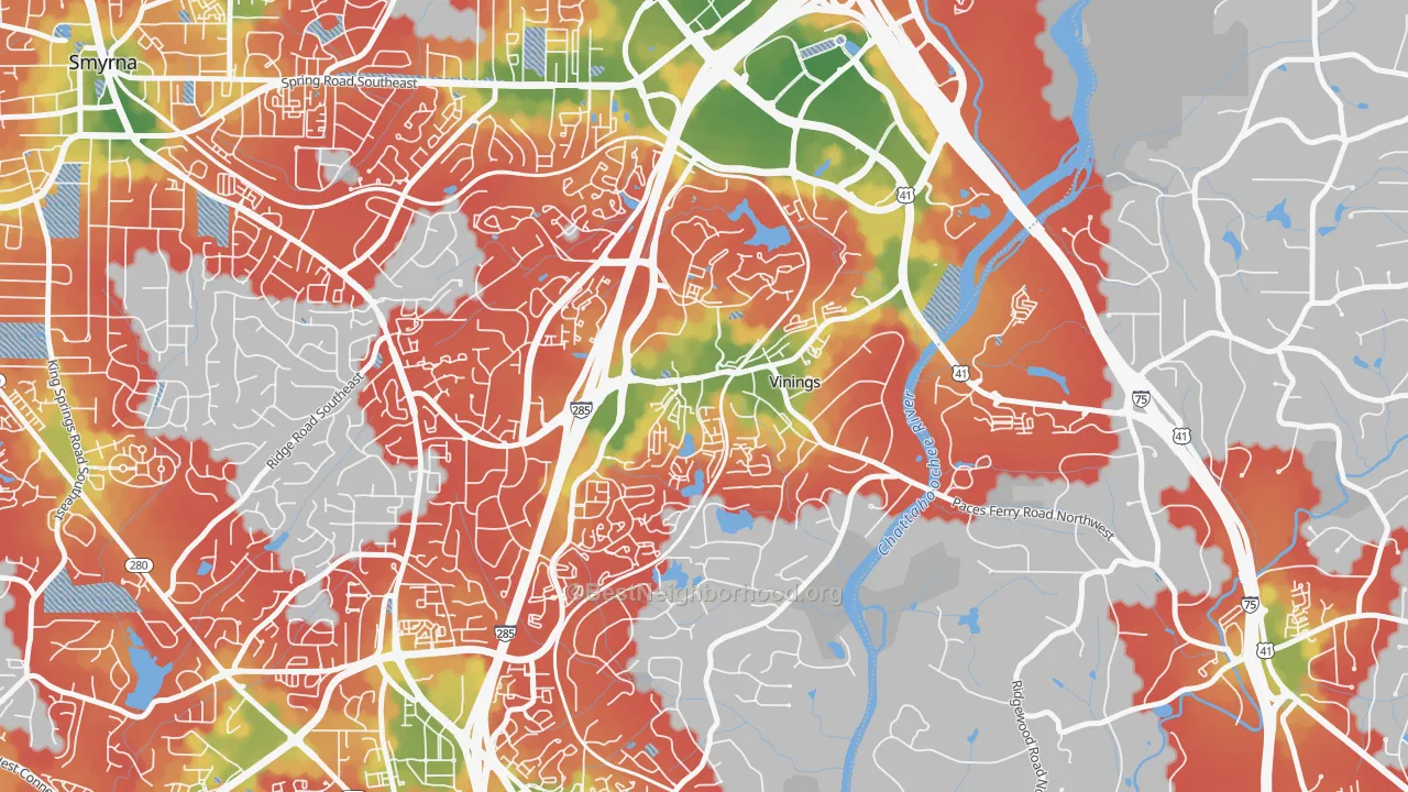 Walk Grade map of Vinings, GA, walkable areas in green and car-dependent areas in red