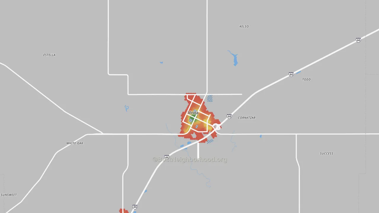 Walk Grade map of Vinita, OK, walkable areas in green and car-dependent areas in red