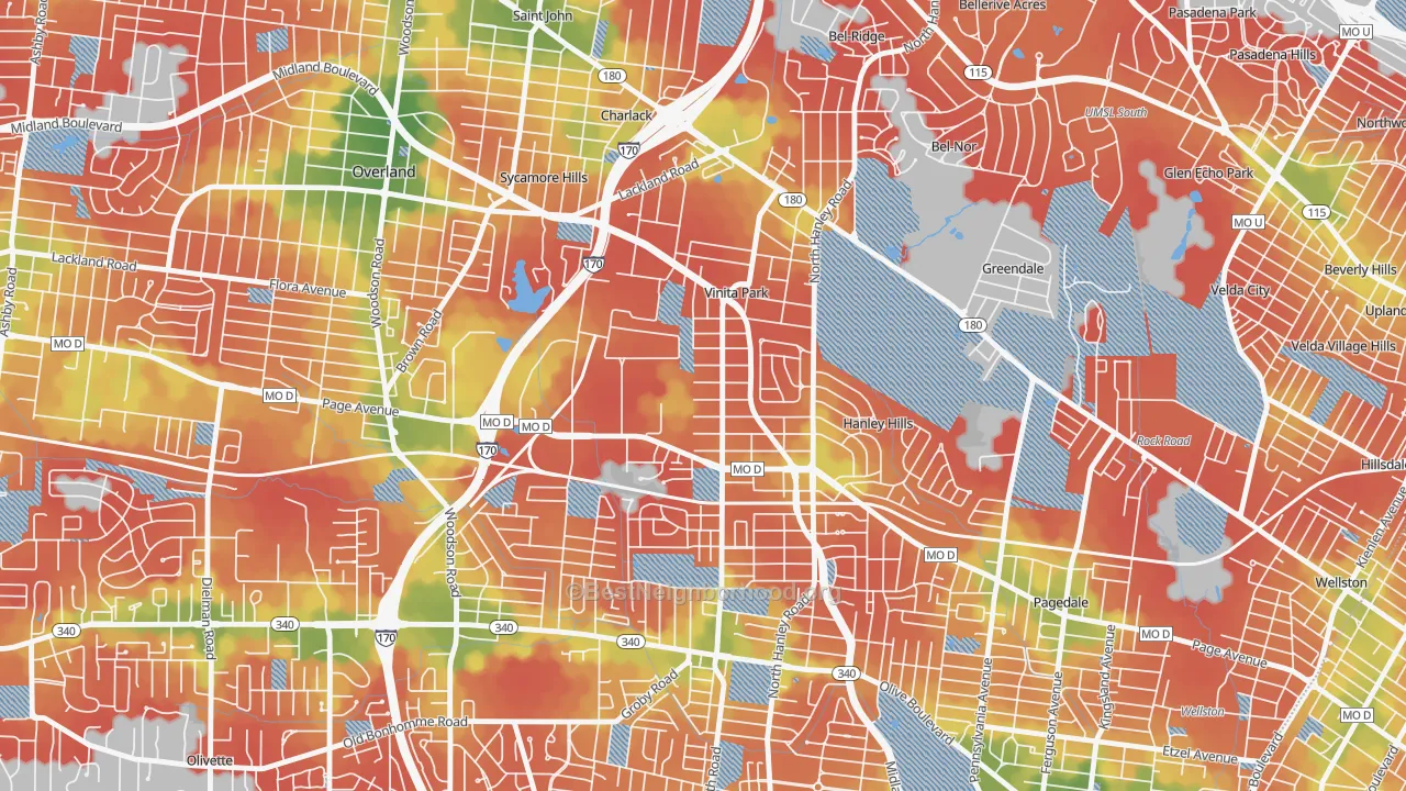 Walk Grade map of Vinita Park, MO, walkable areas in green and car-dependent areas in red