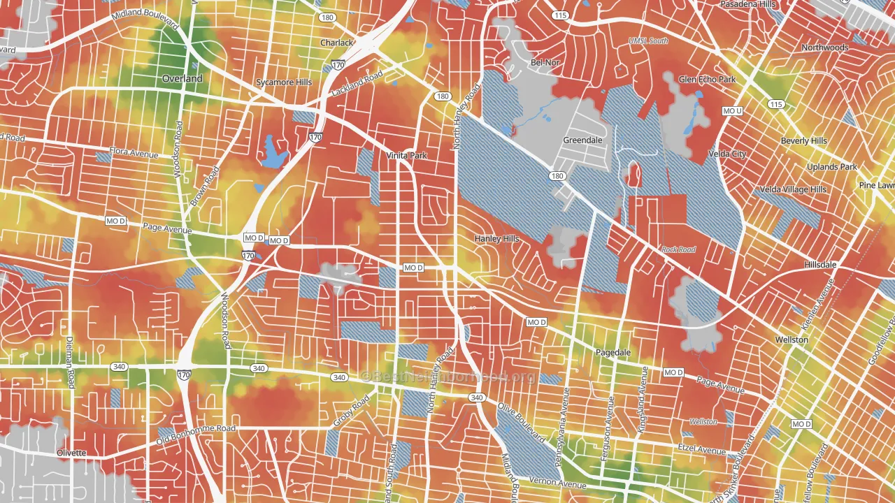 Walk Grade map of Vinita Terrace, MO, walkable areas in green and car-dependent areas in red