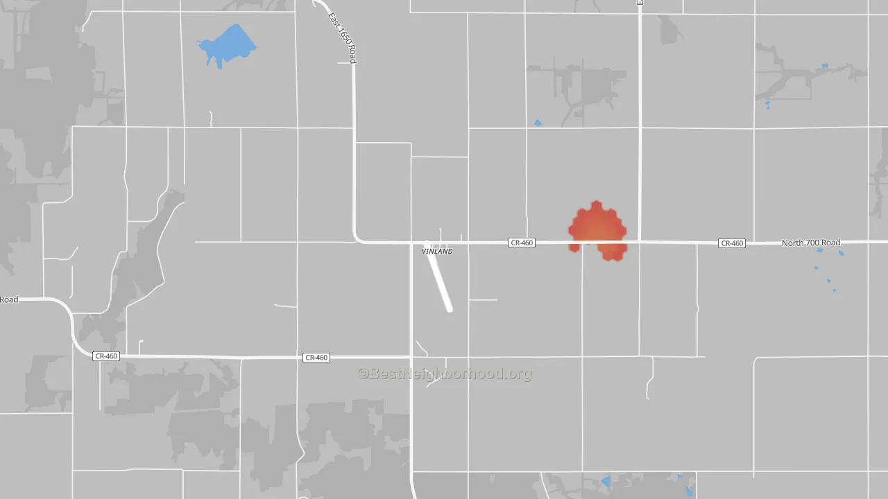 Walk Grade map of Vinland, KS, walkable areas in green and car-dependent areas in red