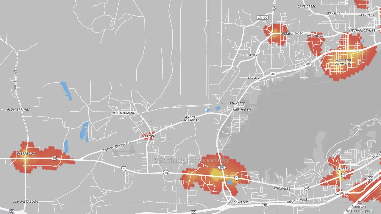 Walk Grade map of Vinnette, AL, walkable areas in green and car-dependent areas in red