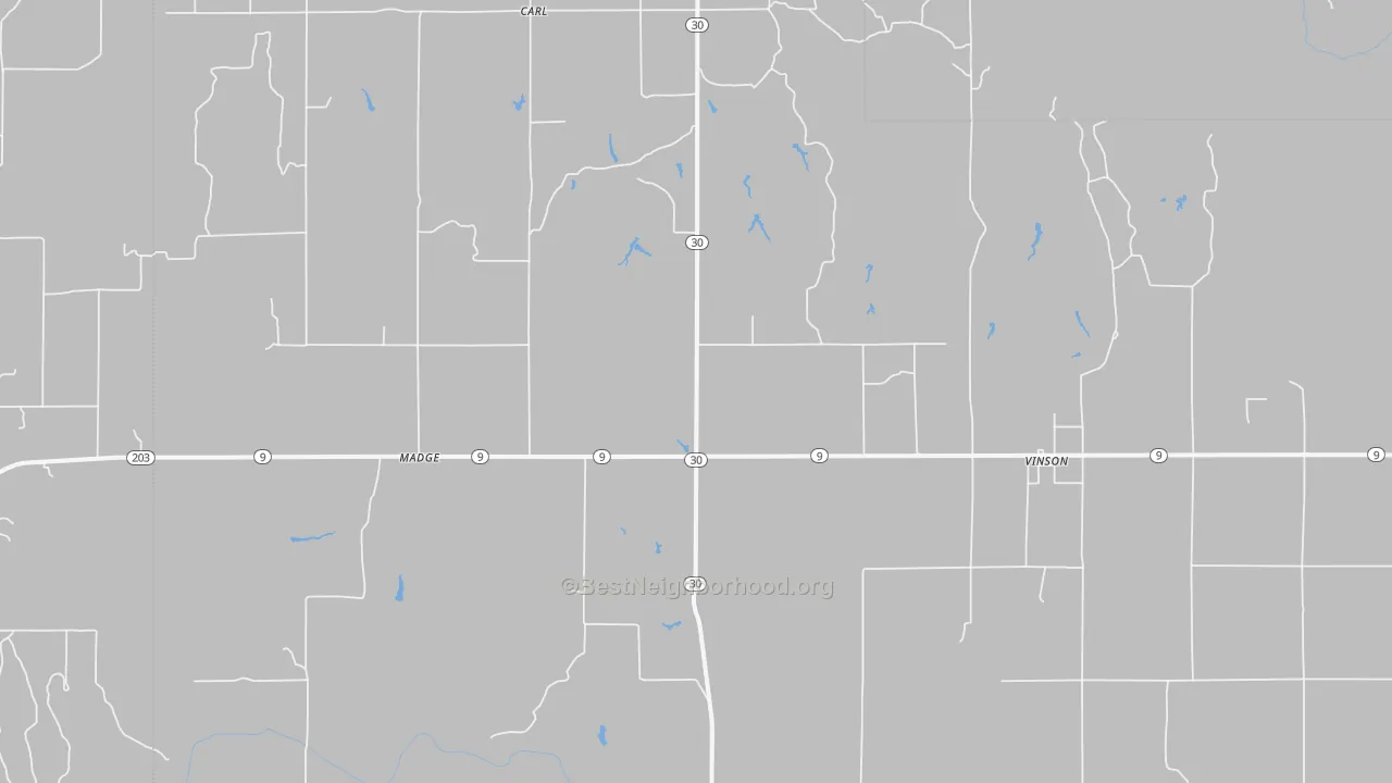 Walk Grade map of Vinson, OK, walkable areas in green and car-dependent areas in red