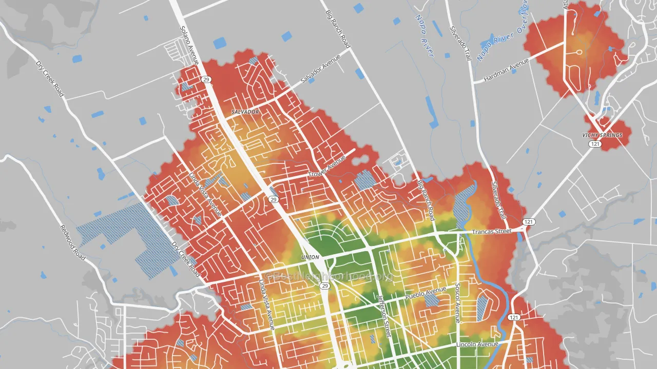 Walk Grade map of Vintage, Napa, CA, walkable areas in green and car-dependent areas in red