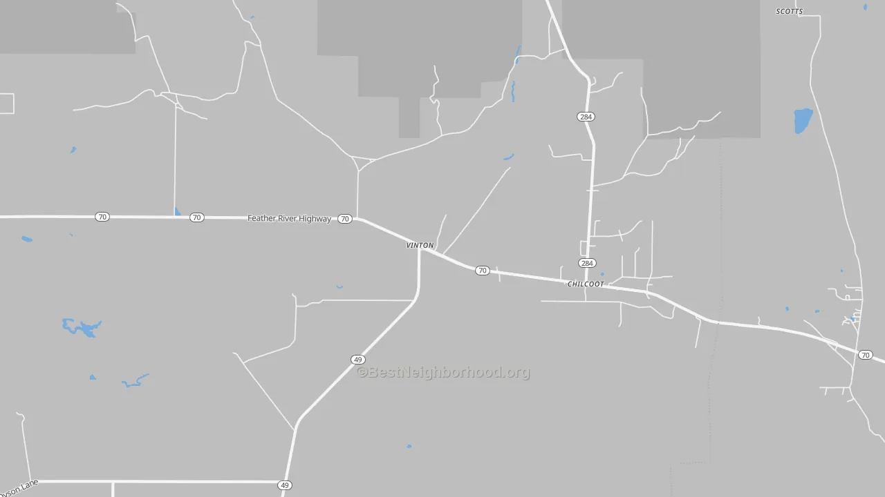Walk Grade map of Vinton, CA, walkable areas in green and car-dependent areas in red