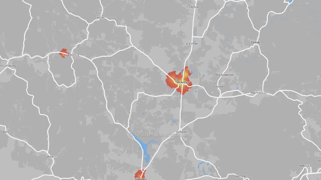 Walk Grade map of Vinton County, OH, walkable areas in green and car-dependent areas in red