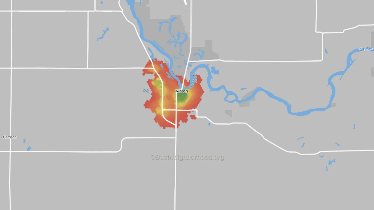 Walk Grade map of Vinton, IA, walkable areas in green and car-dependent areas in red
