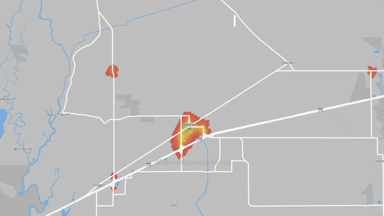 Walk Grade map of Vinton, LA, walkable areas in green and car-dependent areas in red