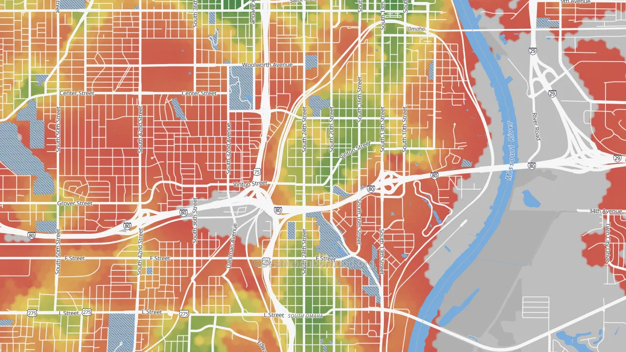 Walk Grade map of Vinton Street, Omaha, NE, walkable areas in green and car-dependent areas in red