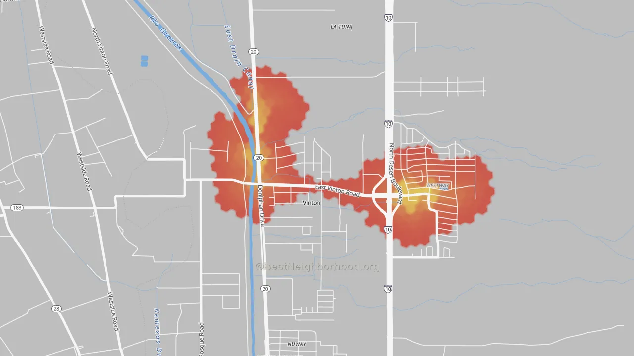 Walk Grade map of Vinton, TX, walkable areas in green and car-dependent areas in red
