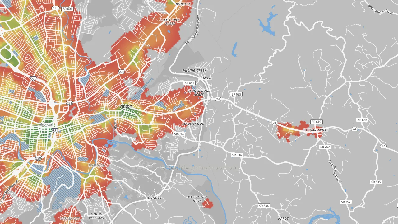 Walk Grade map of Vinton, VA, walkable areas in green and car-dependent areas in red