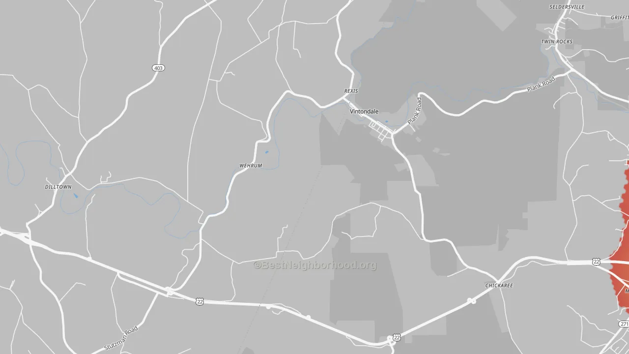 Walk Grade map of Vintondale, PA, walkable areas in green and car-dependent areas in red