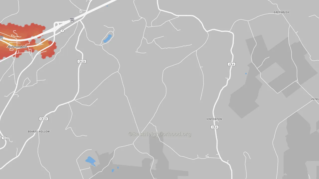 Walk Grade map of Vintonton, NY, walkable areas in green and car-dependent areas in red