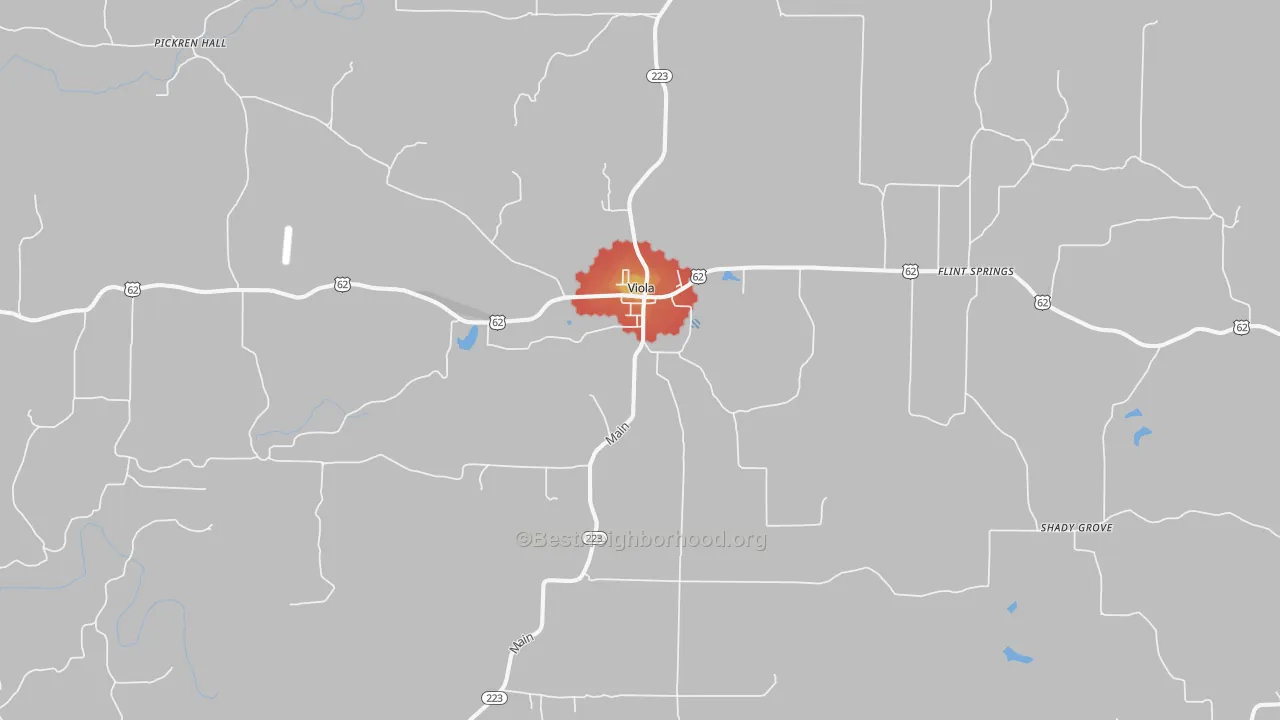 Walk Grade map of Viola, AR, walkable areas in green and car-dependent areas in red