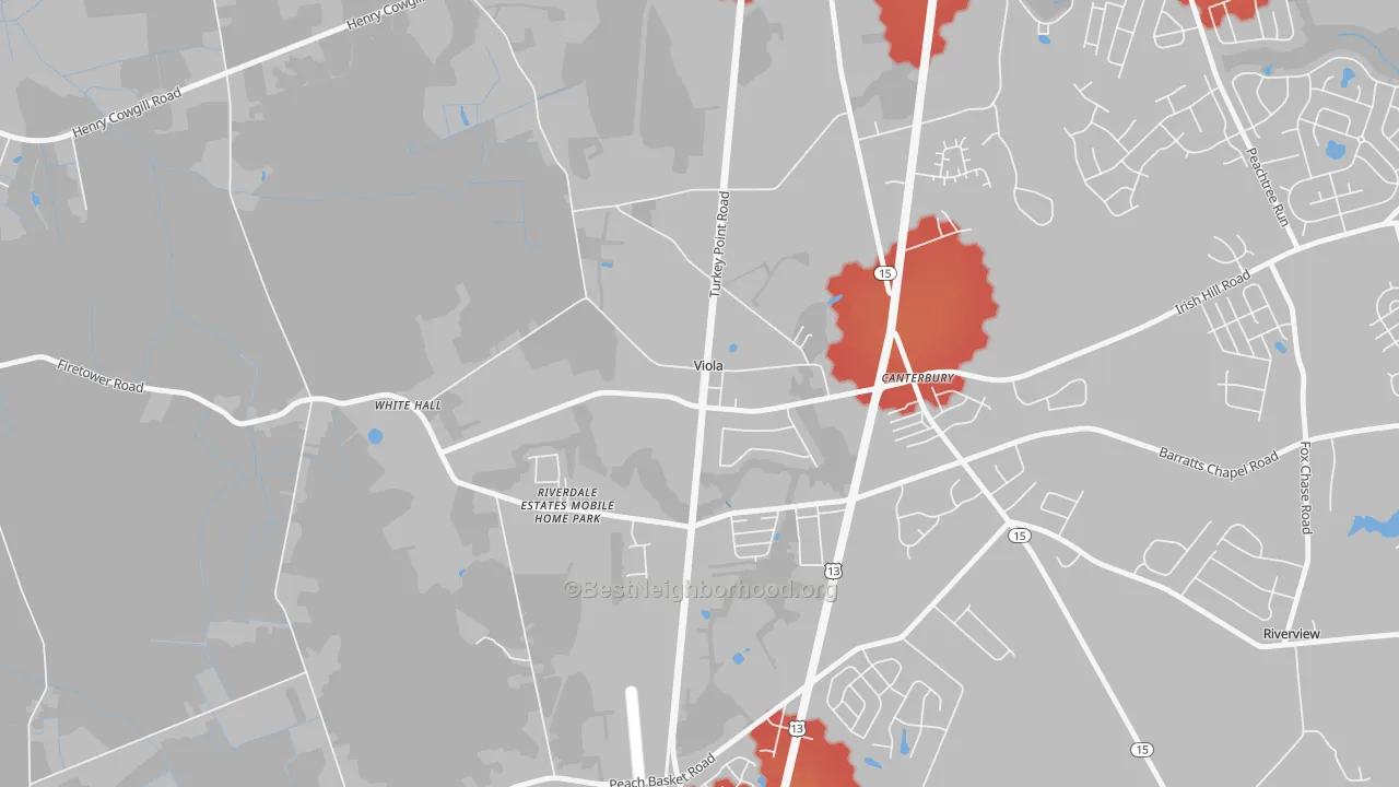 Walk Grade map of Viola, DE, walkable areas in green and car-dependent areas in red