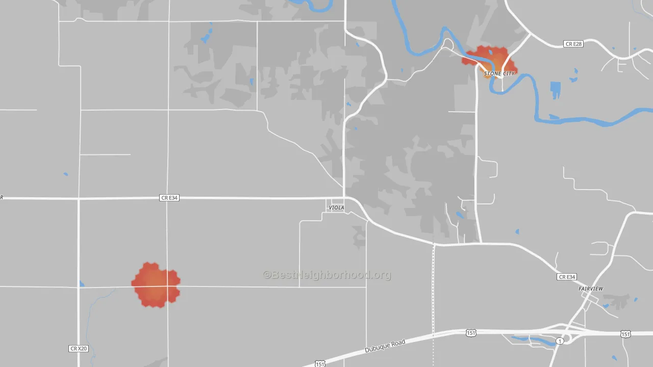 Walk Grade map of Viola, IA, walkable areas in green and car-dependent areas in red