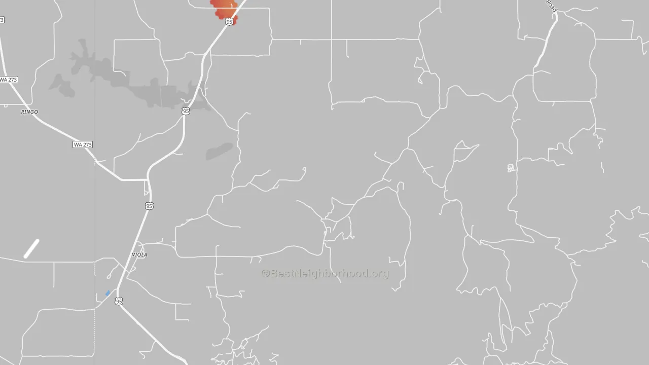 Walk Grade map of Viola, ID, walkable areas in green and car-dependent areas in red