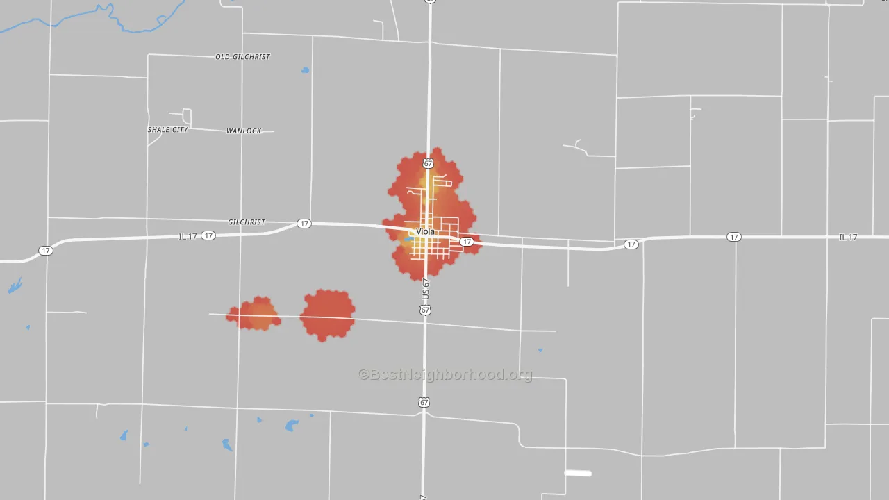 Walk Grade map of Viola, IL, walkable areas in green and car-dependent areas in red