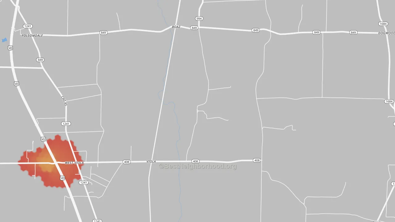 Walk Grade map of Viola, KY, walkable areas in green and car-dependent areas in red