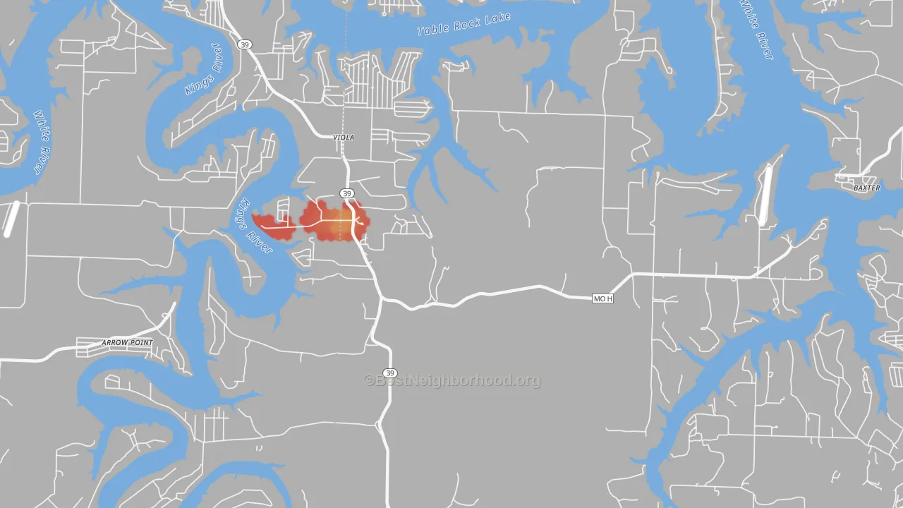 Walk Grade map of Viola, MO, walkable areas in green and car-dependent areas in red
