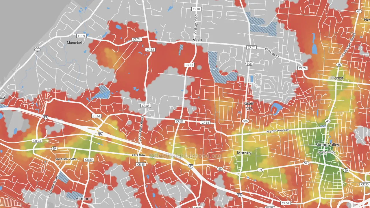 Walk Grade map of Viola, Monsey, NY, walkable areas in green and car-dependent areas in red